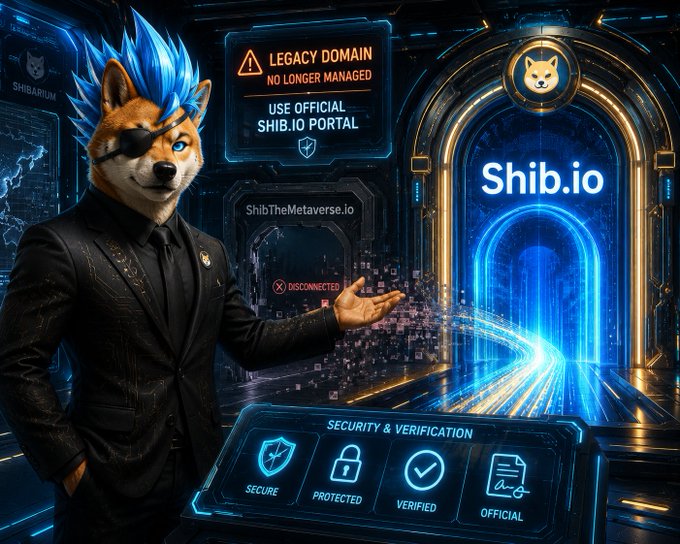A futuristic Shiba Inu character in a suit gestures toward a holographic portal warning that "LEGACY DOMAIN NO LONGER MANAGED" and directs users to the official "Shib.io" portal, reinforcing the post's caution that ShibTheMetaverse.io is no longer affiliated with the SHIB ecosystem. The image emphasizes security verification with icons labeled "SECURE," "PROTECTED," "VERIFIED," and "OFFICIAL."