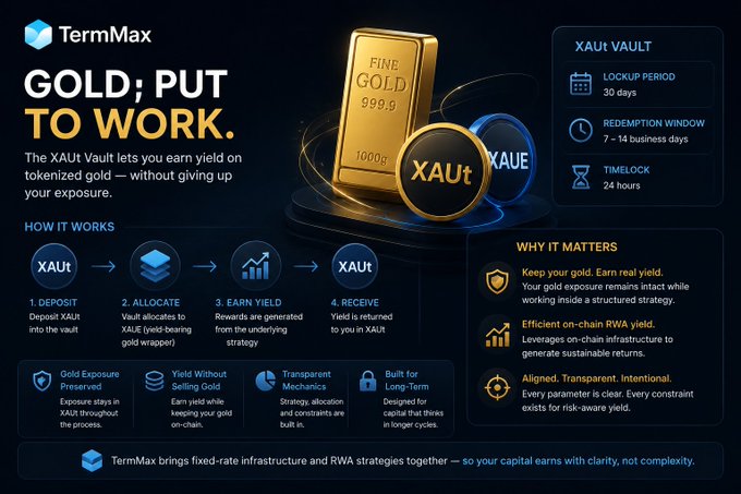 Promotional infographic for TermMax's 'XAU Vault' explaining how tokenized gold (XAUt) can earn yield with a 30-day lockup period and 24-hour timelock.