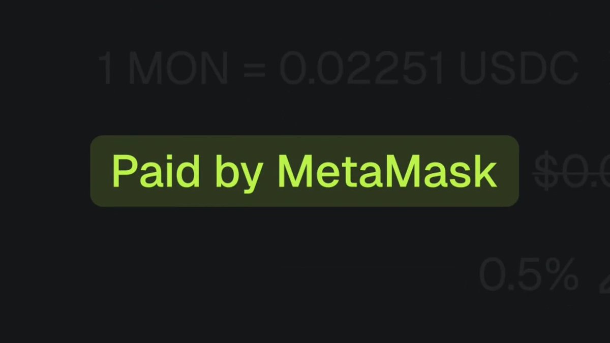 A dark screenshot of a MetaMask transaction confirmation showing 'Paid by MetaMask' with the exchange rate '1 MON = 0.02251 USDC'.
