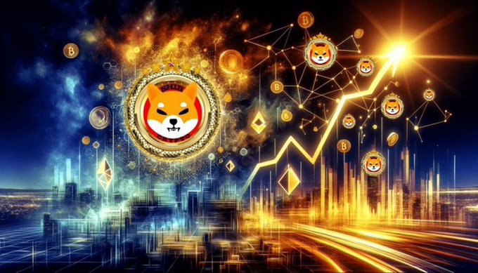 A vibrant cryptocurrency promotional image featuring Shiba Inu (SHIB) tokens with a dog face logo at the center, surrounded by floating coins, a rising price chart graphic, and a futuristic cityscape with bright light streaks.