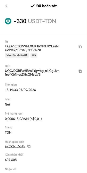 A cryptocurrency transaction confirmation screen showing a completed transfer of -330 USDT-TON on the TON network, with from/to wallet addresses and a transaction hash visible.