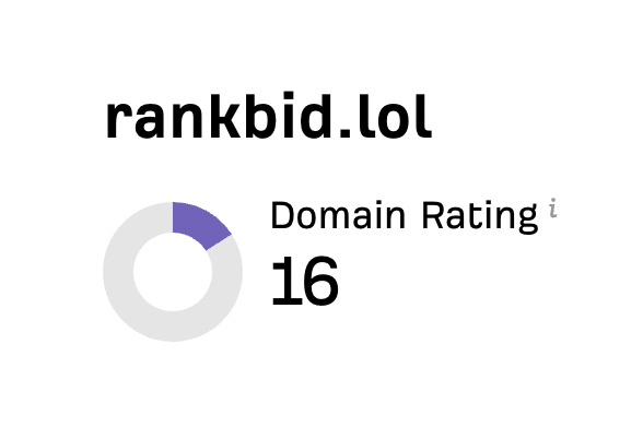 The image displays a metric card for "rankbid.lol" showing a Domain Rating of 16 alongside a partially-filled circular progress chart, visually supporting the post's claim about the new domain achieving notable SEO authority within just 10 days of existence.