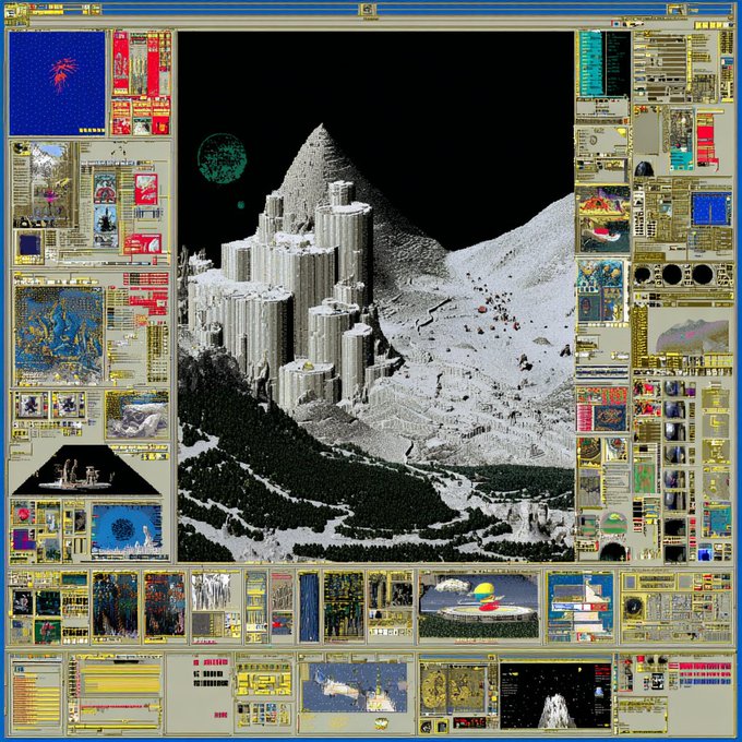 A mountainous pixel-art landscape features a towering futuristic city carved into the peaks, surrounded by numerous small interface panels, maps, and imagery evoking themes of life and civilization. The "hive" caption fits the image well, as the densely packed urban structures nestled within the mountain resemble a massive hive-like megastructure teeming with activity and intricate detail.