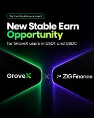 A dark promotional banner with neon green and purple accents announcing 'New Stable Earn Opportunity for GroveX users in USDT and USDC' as a 'Partnership Announcement' between GroveX and ZIGFinance.