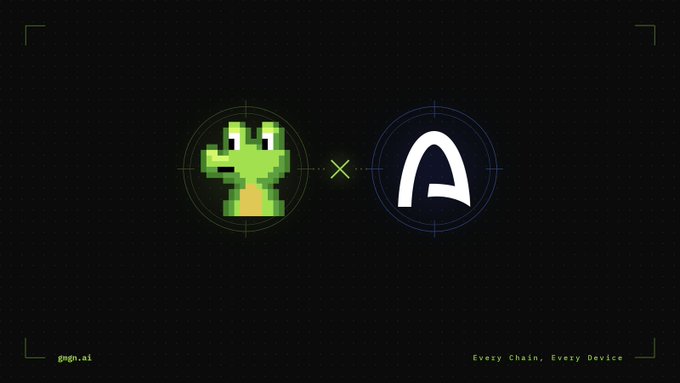 A digital graphic displays a pixelated green dragon character on the left and the Aelf logo on the right, separated by an 'X', with text reading 'gign.ai' and 'Every Chain, Every Device'.