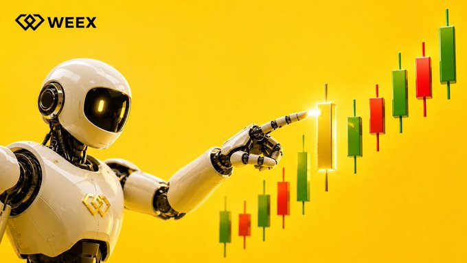 A promotional image features a white and gold robot pointing toward green and red candlestick trading charts on a yellow background, with the 'WEEY' logo in the upper left corner.