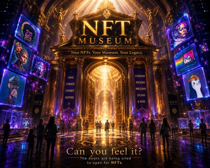 A grand, ornate digital artwork of an 'NFT MUSEUM' entrance with golden architecture, purple glowing displays, and text including 'Your NFTs, Your Museum, Your Legacy.', 'ETH/INR, ETH/USDT, BNB CHAIN, SOLANA, & MORE', and 'Can you feel it?'