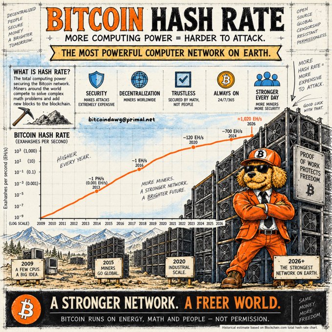 An infographic titled 'BITCOIN HASH RATE - MORE COMPUTING POWER = HARDER TO ATTACK' showing the exponential growth of Bitcoin's hash rate from 2009 to 2026+, featuring a cartoon dog character in an orange suit, mining rigs, and key stats including reaching ~1,020 EH/s by 2026.