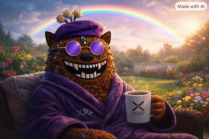 An AI-generated illustration shows a furry orange character wearing purple sunglasses, a purple beret, and a purple robe marked 'XRF', holding a steaming mug labeled 'XRP' with a rainbow in the background.
