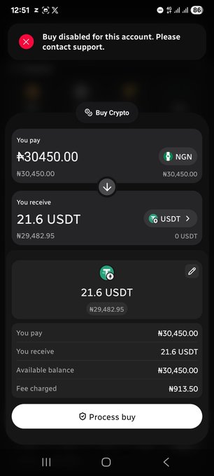 A screenshot of a mobile crypto app interface showing a transaction to buy 21.6 USDT with ₦30,450.00 NGN, but with a red error message at the top stating 'Buy disabled for this account. Please contact support.'