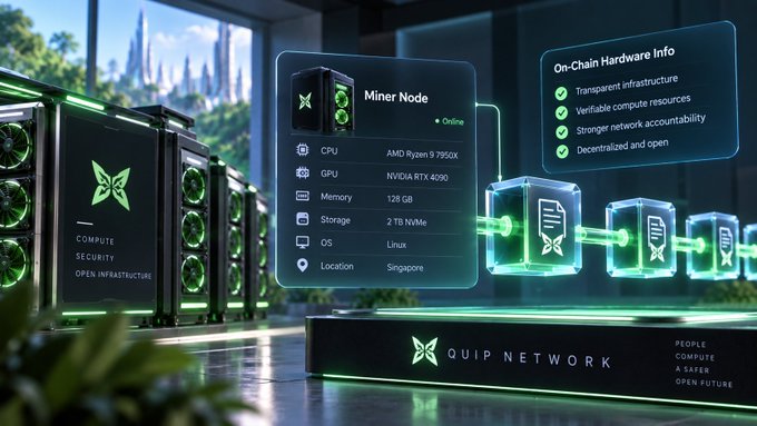 A digital promotional graphic for 'XQUIP NETWORK' displaying 'Miner Node' hardware specs (AMD Ryzen 9 7950X, NVIDIA RTX 4090, Linux) located in Singapore, alongside an 'On-Chain Hardware Info' checklist.
