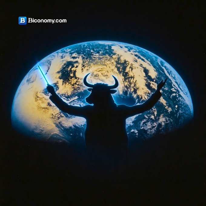 The image features a bull with horns standing over a globe, holding a wand or sword as if he were leading an orchestra. The caption of the image reads "The Bull King is Coming... The next bull run won't belong to everyone.Only ONE token will lead the cycle Who do you think it is? Drop your pick in comments BTC / ETH / SOL / MEME / YOUR CHOICE". This suggests that the bull might be a symbol for Bitcoin or another cryptocurrency, and its presence over the globe could represent the rise of digital currency or the global economy. The image also includes a website address "btc/eth/sol/meme" which may provide more information about the bull's significance in relation to the post.
