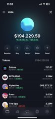 A mobile app screenshot showing a wallet balance of $194,229.59 with various token holdings below it.