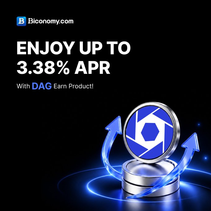 A promotional graphic for Biconomy.com advertising up to 3.38% APR with their DAG Earn Product, featuring a blue coin logo with upward arrows.