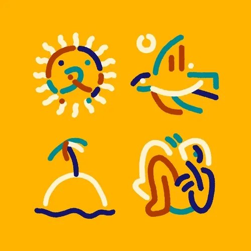 The image features a vibrant yellow background, which serves as a backdrop for four different line drawings of beach-related objects or scenes. These illustrations include an umbrella, a bird flying over water, a person lying down, and a small island with a palm tree on top. The images are arranged in a square format, creating a sense of balance and symmetry within the composition.