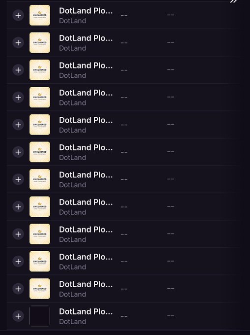 A list of multiple 'DotLand Plo...' NFT items by DotLand with ENGRAVED badges displayed on a dark background.