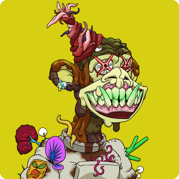 A grotesque cartoon character with green skin, sharp teeth, red X eyes, and plant-like growths emerging from its head, set against a yellow background with various surreal organic elements.