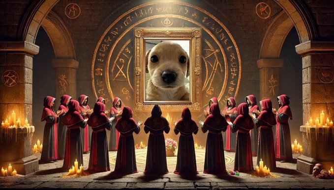 A cult of robed figures gathers in a candlelit, arcane chamber to worship a framed portrait of a golden retriever puppy, humorously elevating the meme coin "$BILLY" to a sacred status, with the contract address "8EzagXspppz7uurbQGQ33R3dwqJL5y8e8Q3txxRNpump" proclaimed as the way to join the devotion.