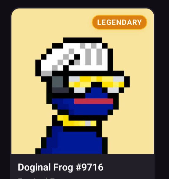 A pixelated character card labeled "LEGENDARY" at the top shows a dark-skinned figure in a blue cap and shirt, with the name "Doginal Frog #9716" displayed at the bottom.