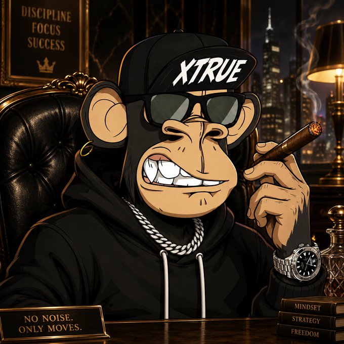 A cartoon monkey character wearing sunglasses and a black hoodie with 'XTRUE' on the cap sits at a desk holding a cigar, with a 'NO NOISE. ONLY MOVES.' sign and books labeled 'MINDSET', 'STRATEGY', and 'FREEDOM'.