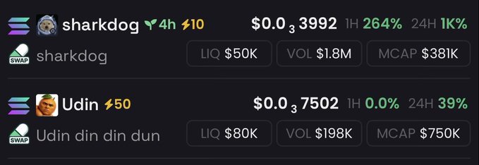 A screenshot of cryptocurrency listings on a trading platform showing tokens 'sharkdog' and 'Udin din din dun' with their prices, liquidity (LIQ), volume (VOL), and market cap (MCAP) data.