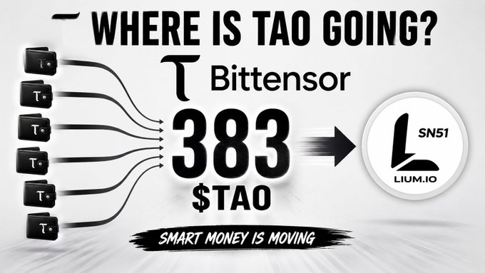 A graphic asking 'WHERE IS TAO GOING?' showing multiple Bittensor wallets combining '383 $TAO' moving to LIUM.IO, with text 'SMART MONEY IS MOVING'.