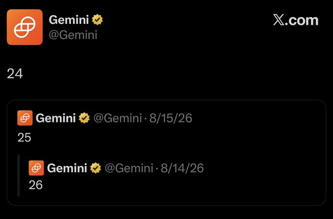 A screenshot of X.com shows the Gemini (@Gemini) account posting only the numbers "24," "25," and "26" on successive days (8/15/26 and 8/14/26), confirming the multi-day numerical countdown teased in the post.