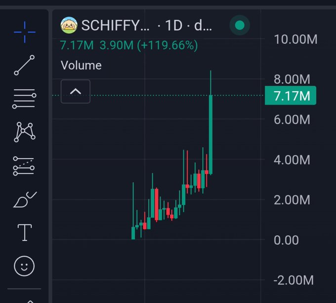 A candlestick chart for SCHIFFY on a 1-day timeframe showing volume of 7.17M and a price increase of +119.66%.