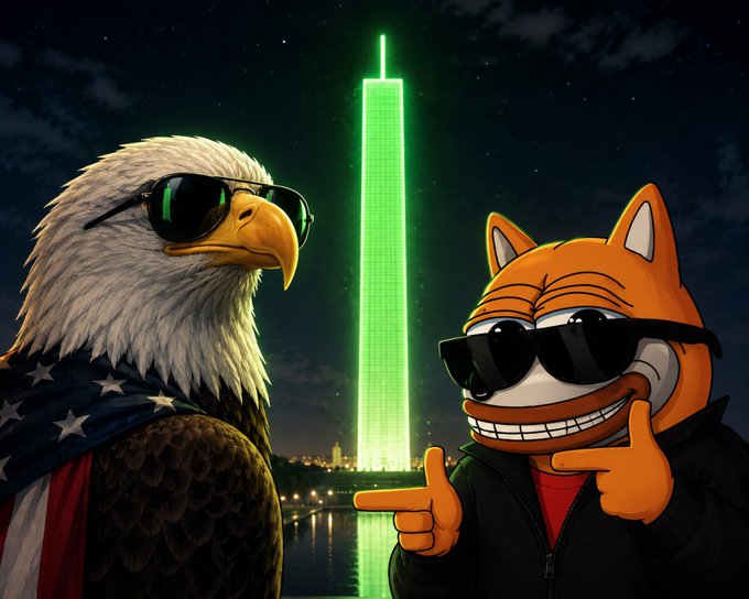 The image features a cartoon depiction of an eagle wearing sunglasses, standing next to a cartoon character with glasses who has a red jacket and orange hair. The two characters are positioned near the Washington Monument at night, which serves as their backdrop. The caption reads "world cup in america market printing green candles happy american eagle day we're so back". This post seems to be related to an event or celebration involving the Washington Monument, possibly a special occasion like the World Cup.