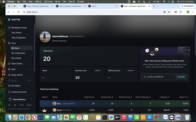 A screenshot of the Kaito AI platform showing the 'My Aura' profile page for user 'baomobleyzz' with a Total Aura score of 20.