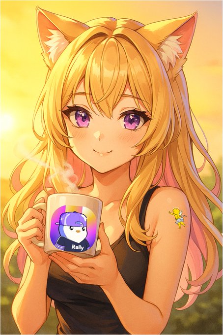 An anime-style illustration of a blonde cat-girl with purple eyes holding a steaming mug featuring a 'Rally' penguin character.
