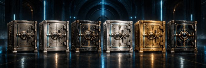 Six ornate, heavily bolted safes in silver, bronze, and gold lined up in a dark, vaulted chamber with vertical blue light beams, suggesting secure digital asset storage or cryptocurrency custody.
