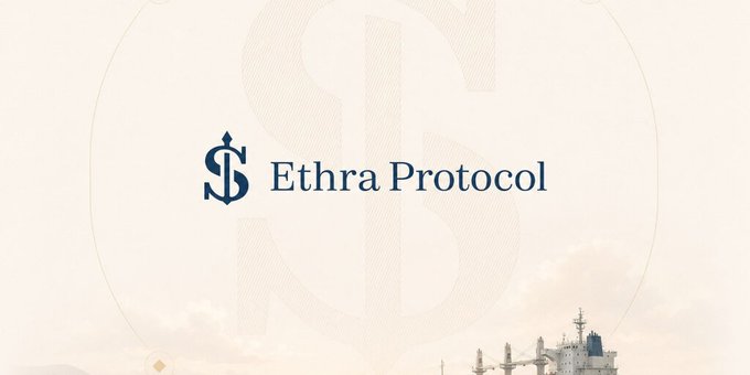 A logo screen for 'Ethra Protocol' featuring a stylized dollar sign emblem on a cream background with faint architectural imagery.