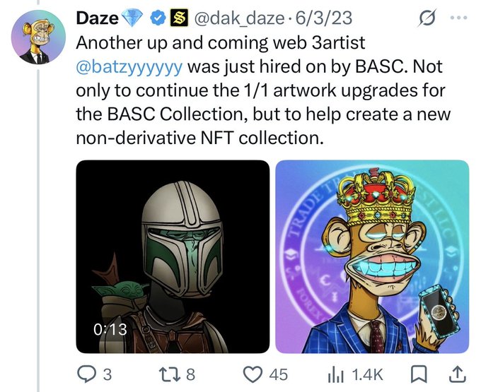 A Twitter/X post from "Daze" (@dak_daze) dated 6/3/23 announcing that web3 artist @batzyyyyyy was hired by BASC, featuring images of a Mandalorian-style helmet and a crowned monkey NFT character.