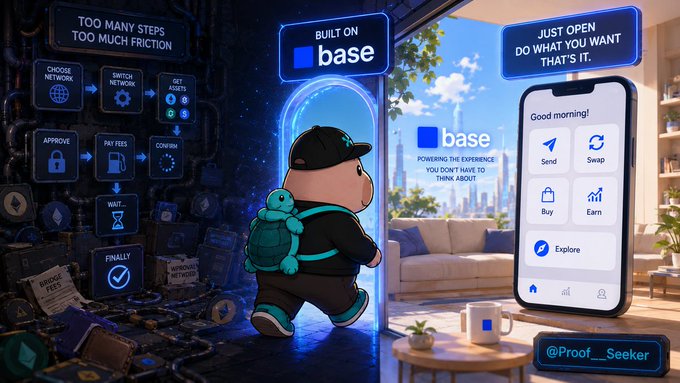 An advertisement for Coinbase's 'base' featuring a bear character with a turtle backpack walking through a portal, contrasting complex traditional crypto steps on the left with a simple mobile app interface on the right, credited to @Proof_Seeker.