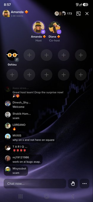 A screenshot of a live audio chat room on a social app with hosts Amanda and Diana, showing chat messages from users like Oxhieu, Dinesh_Shy..., Shakeib Ham..., LOREANO, MVXIS, TARIO, mj19121986, and Misyoubot discussing 'work on ai bugs' and 'scam'.
