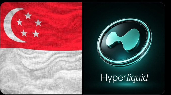 The image shows the Singapore flag alongside the Hyperliquid logo with the text "Hyperliquid" displayed below it, illustrating the regulatory clash between Singapore's Monetary Authority (MAS) and the decentralized exchange platform over its addition to the Investor Alert List for unlicensed digital token services.