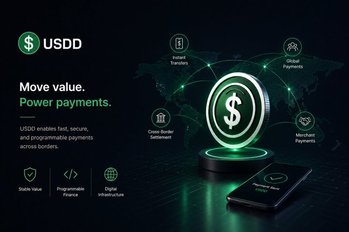 A promotional graphic for USDD stablecoin featuring the tagline 'Move value. Power payments,' highlighting use cases like Instant Transfers, Global Payments, Cross-Border Settlement, and Merchant Payments, alongside a glowing USDD coin and smartphone display.
