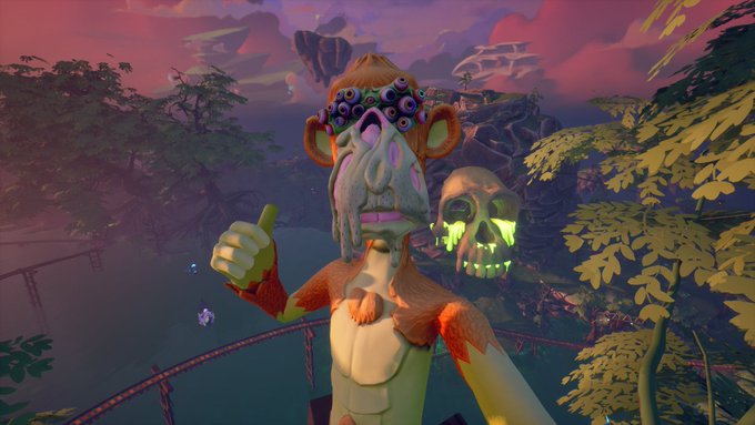 A screenshot from a video game showing a monkey-like creature with multiple eyes giving a thumbs up, set against a vibrant pink and purple sunset sky with a skull decoration nearby.