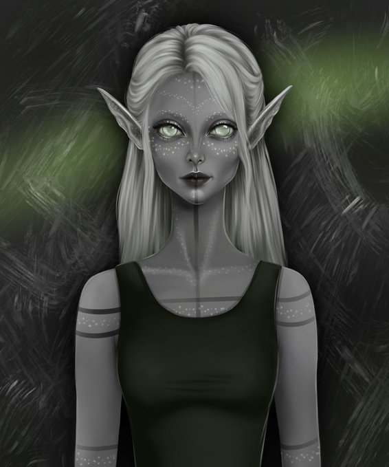 A digital illustration of a fantasy elven character with pale gray skin, long white hair, pointed ears, glowing green eyes, and white freckles across her face and shoulders, wearing a dark green tank top against a smoky green and black background.