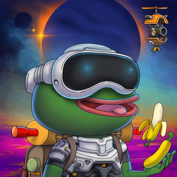 A digital artwork of a Pepe the Frog character dressed as an astronaut with a VR-style helmet, holding a banana, with a small robot helicopter in the background against a cosmic scene.