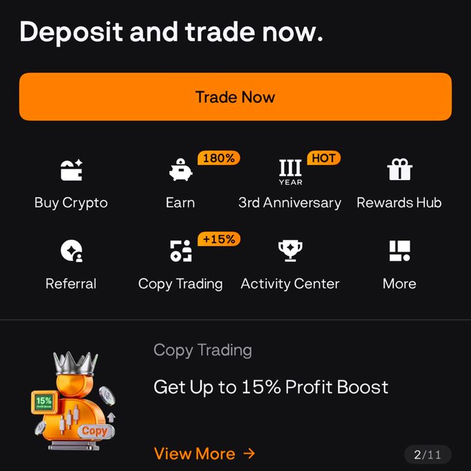 A BloFin trading platform screenshot showing a "Deposit and trade now" interface with options for Buy Crypto, Earn (180%), 3rd Anniversary (HOT), Rewards Hub, Referral, Copy Trading (+15%), Activity Center, and More. The Copy Trading section highlights "Get Up to 15% Profit Boost," promoting the platform's third anniversary rewards campaign referenced in the post.