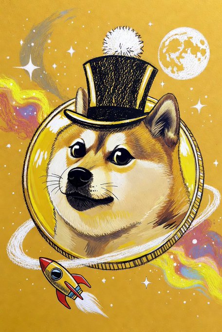 An illustration of a Shiba Inu dog wearing a black top hat with a white pom-pom, framed within a coin-like circle, surrounded by a yellow background with stars, a moon, a galaxy, and a small rocket ship.