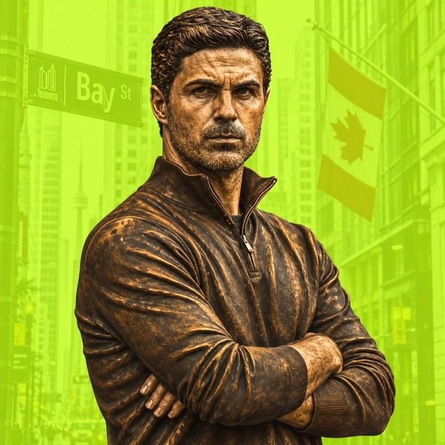 A digital illustration of a man with dark hair and a brown leather jacket standing with crossed arms against a stylized green background featuring a 'Bay St' street sign and a Canadian flag.