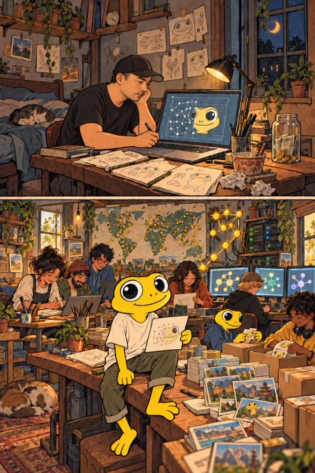 A two-panel illustration showing a young man working on a cartoon character design at his laptop in a cozy room, followed by the yellow cartoon character sitting among a team of designers working on postcards and prints.
