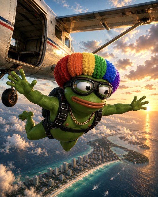 A green Pepe frog character with a rainbow-colored wig and goggles skydives from a small plane over a tropical coastal city at sunset.