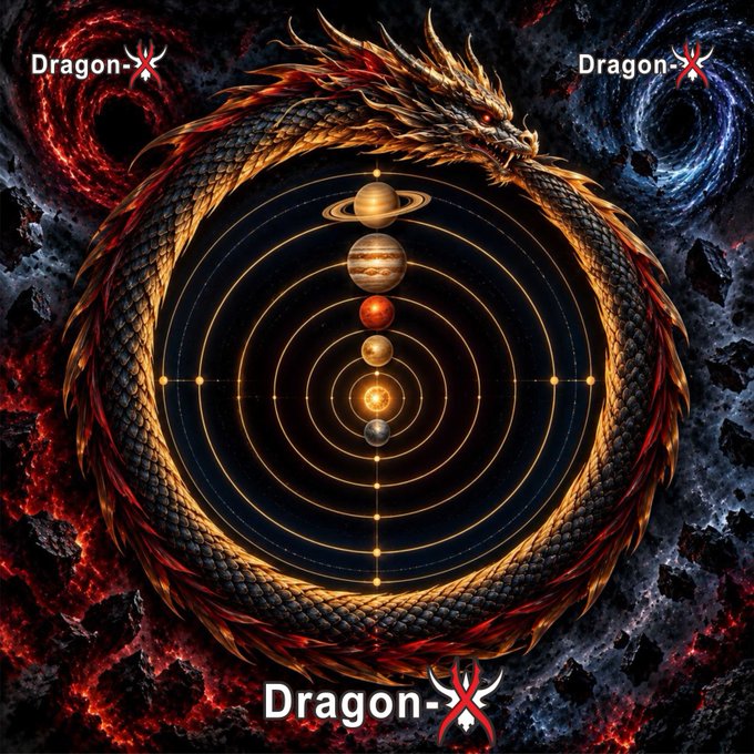 A fantasy artwork featuring a dragon coiled around a solar system with planets on golden rings, with 'Dragon-X' watermarks displayed in multiple corners.
