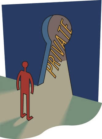 A simple illustration shows a red figure standing before a doorway labeled 'PRIVATE', illuminated by a beam of light.