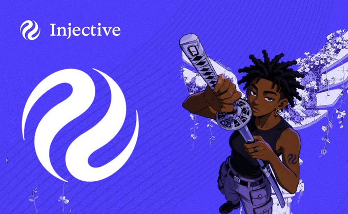 Promotional graphic for 'Injective' featuring its logo on the left and an anime-style illustration of a character holding a katana decorated with cherry blossoms on the right, set against a blue background.