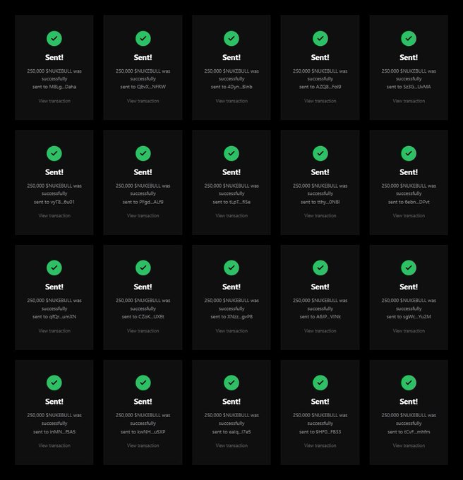 A grid of 20 transaction confirmation screens showing 250,000 $NUKEBULL tokens successfully sent to various recipients, each marked with a green checkmark and 'Sent!' status.